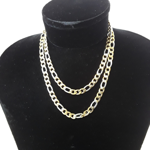 HIP HOP 2 TONE STAINLESS STEEL FIGARO LINK CHAIN 30" - Picture 2 of 3